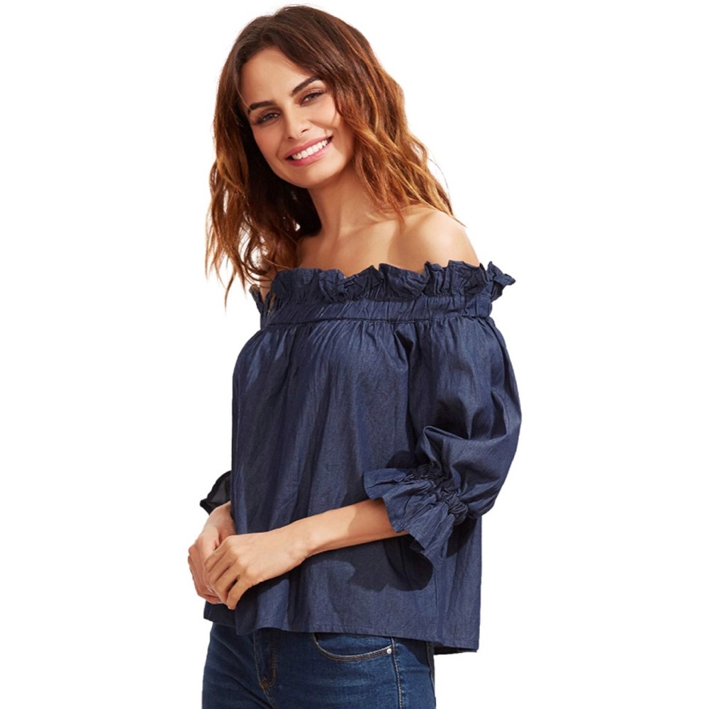 Denim Chambray Off Shoulder Ruffled 3/4 Sleeve Top - Picture 5 of 5